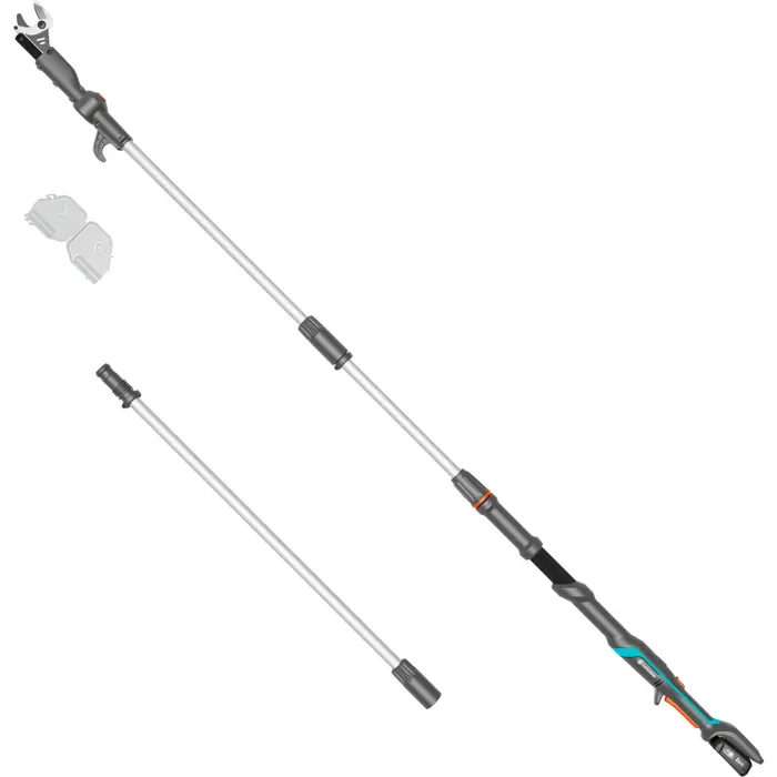 GARDENA Cordless Telescopic Tree Shears HighCut 360/18V P4A Ready-To-Use Set, 18Volt (dark grey/turquoise, Li-ion battery 2.0Ah, POWER FOR ALL ALLIANCE)