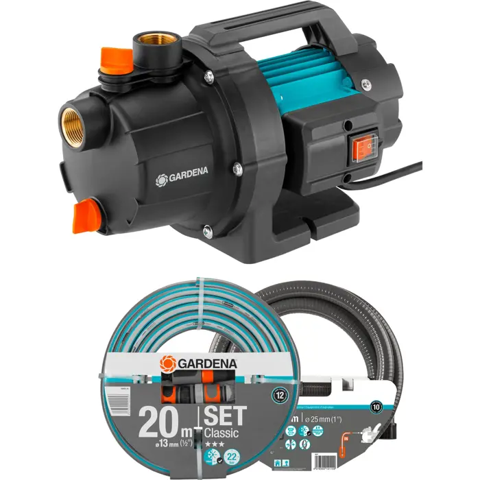GARDENA garden pump 3000/4 BASIC set (turquoise/black, 600 watts, including suction set, classic hose)