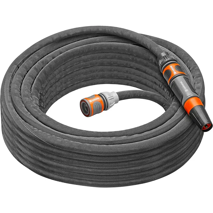 Gardena Textile Hose Liano Life 1/2, 15 meter set (dark grey/orange, model 2023, incl. cleaning nozzle, 2 tap connectors)