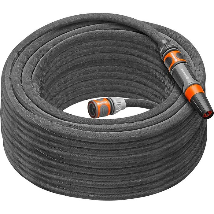 Gardena Textile Hose Liano Life 1/2, 25 meter set (dark grey/orange, model 2023, incl. cleaning nozzle, 2 tap connectors)