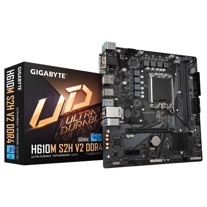 GIGABYTE H610M S2H V2 DDR4 Motherboard - Supports Intel Core 14th CPUs, 6+1+1 Hybrid Phases Digital VRM, up to 3200MHz DDR4 (OC), 1xPCIe 3.0 M.2, GbE LAN, USB 3.2 Gen 1