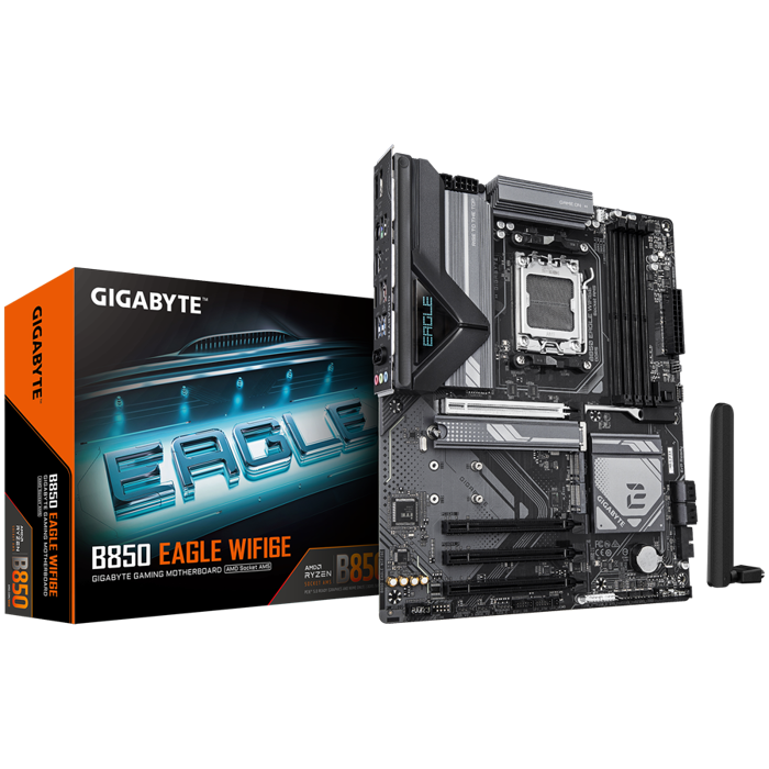 GIGABYTE Mainboard Desktop B850 EAGLE WIFI6E (AM5, 4xDDR5, 1xDP, 1xHDMI, GLAN, WiFi6E, BT5.3, 1x PCIe x16 5.0, 3xPCIe x16 supporting PCIe 3.0 x1, 3xM.2, 4xSATA3) ATX