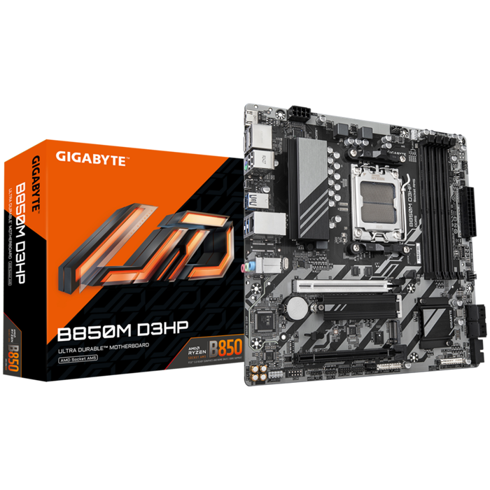 GIGABYTE Mainboard Desktop B850M D3HP (AM5, 4xDDR5, 2xDP, 1xHDMI, GLAN, 1x PCIe x16 5.0, 1xPCIe x16 supporting PCIe 3.0 x4, 2xM.2, 4xSATA3) mATX