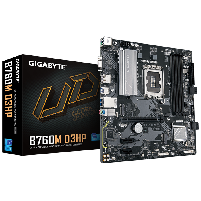 GIGABYTE B760M D3HP (LGA1700, 4x DDR5 256GB, 1x PCI-E 4.0 x16x16, 2x PCI-E 3.0 x1x1, 2x M.2 PCIe 4.0, 4x SATA, 2x USB 2.0, 1x DP, 1x HDMI, GbE LAN, mATX, Retail)
