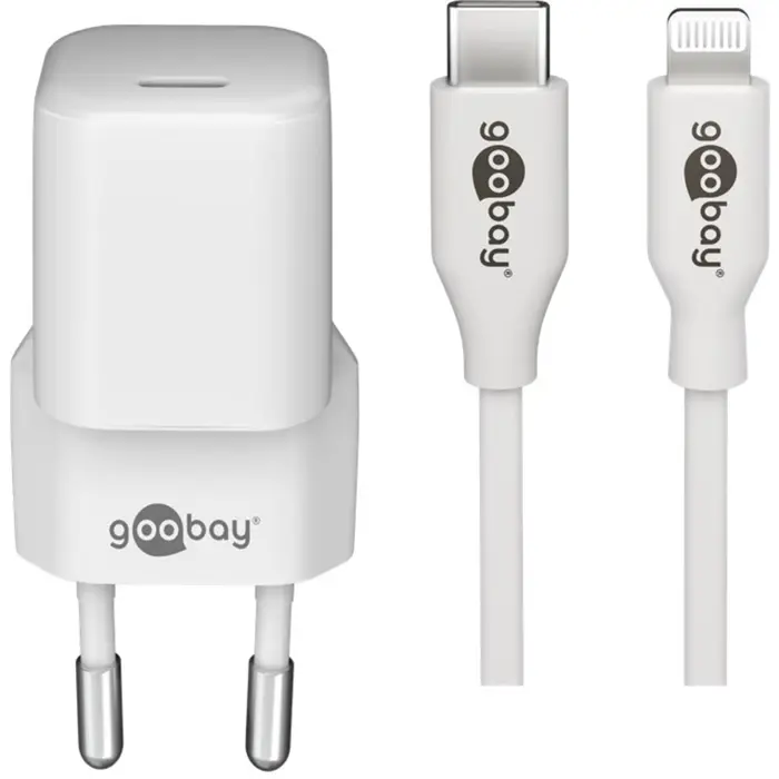 goobay Apple Lightning / USB-C PD charging set 30 watts, charger (white, 1 meter cable, PD)