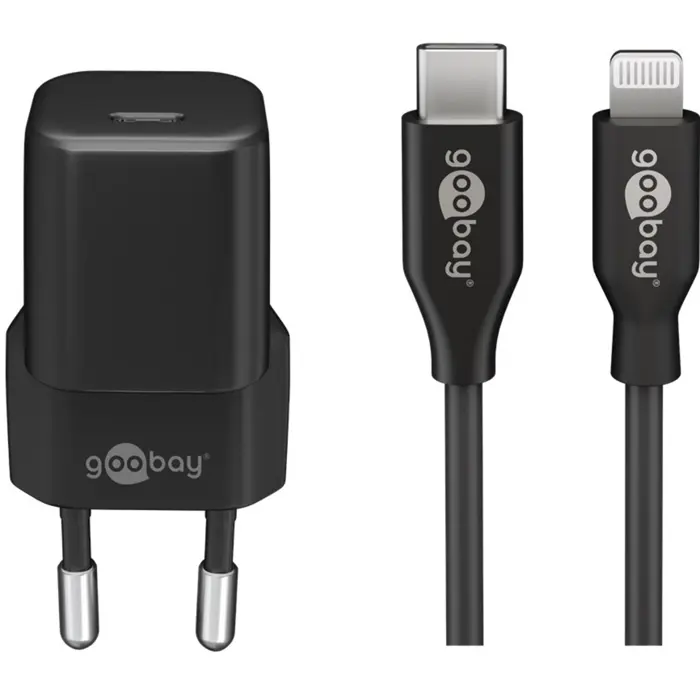 goobay Apple Lightning / USB-C PD charging set 30 watts, charger (black, 1 meter cable, PD)