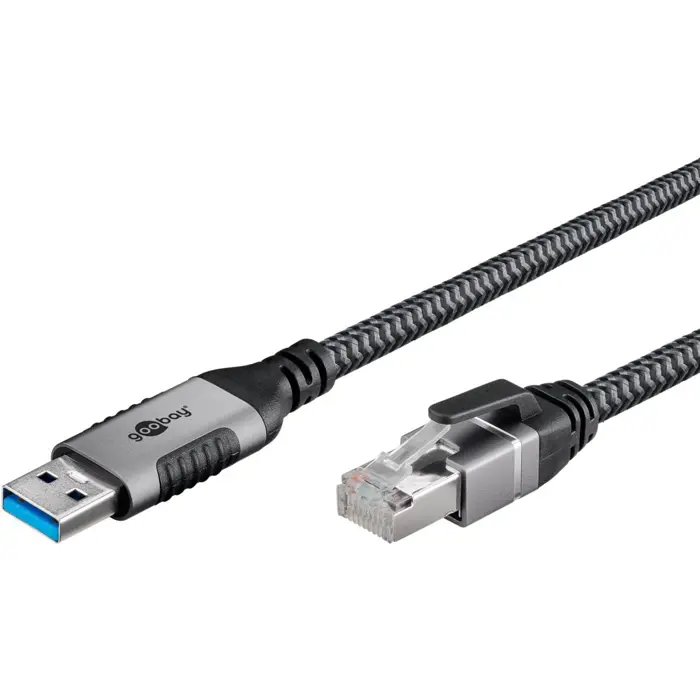 Goobay Ethernet cable USB-A 3.2 Gen1 plug > RJ-45 plug (black/silver, 3 meters, braided textile sheath)