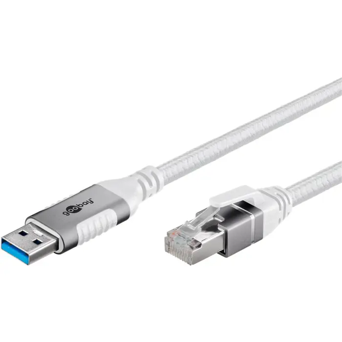goobay Ethernet cable USB-A 3.2 Gen1 plug > RJ-45 plug, LAN adapter (white, 5 meters, braided textile sheath)