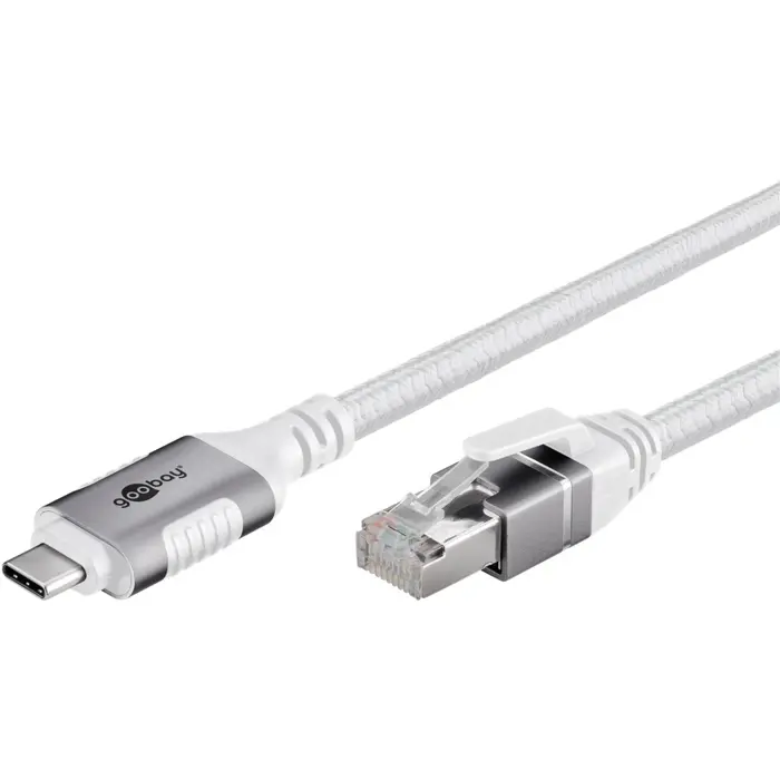 goobay Ethernet cable USB-C 3.2 Gen2 plug > RJ-45 plug, LAN adapter (white, 3 meters, braided textile sheath)
