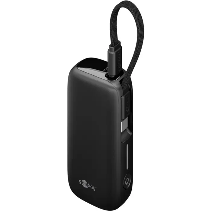 goobay power bank 5,000 mAh, integrated USB-C cable 13cm, 20 watt black, 5 Ah, 1x USB-A, 1x USB-C, PD, QC