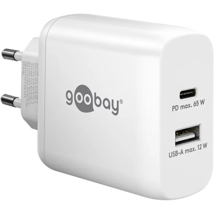 goobay USB-C dual fast charger, PD, GaN, 65 watts (white, 1x USB-C, 1x USB-A, Power Delivery)