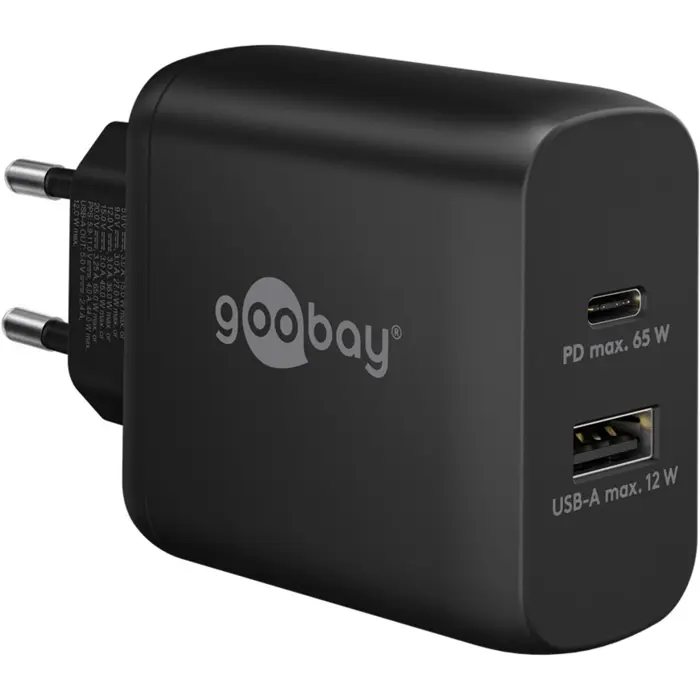 goobay USB-C dual quick charger, PD, GaN, 65 watts (black, 1x USB-C, 1x USB-A, Power Delivery)