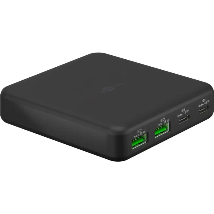 goobay USB-C multiport desktop charger, PD, GaN, 65 watts (black, 2x USB-C, 2x USB-A, Power Delivery, QuickCharge 3.0)