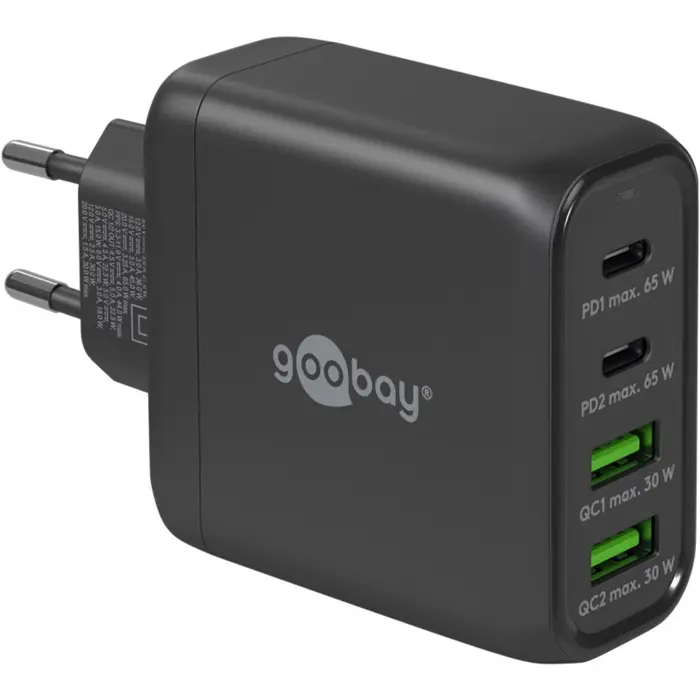 goobay USB-C multiport quick charger, PD, GaN, 68 watts (black, 2x USB-C, 2x USB-A, Power Delivery, QuickCharge)