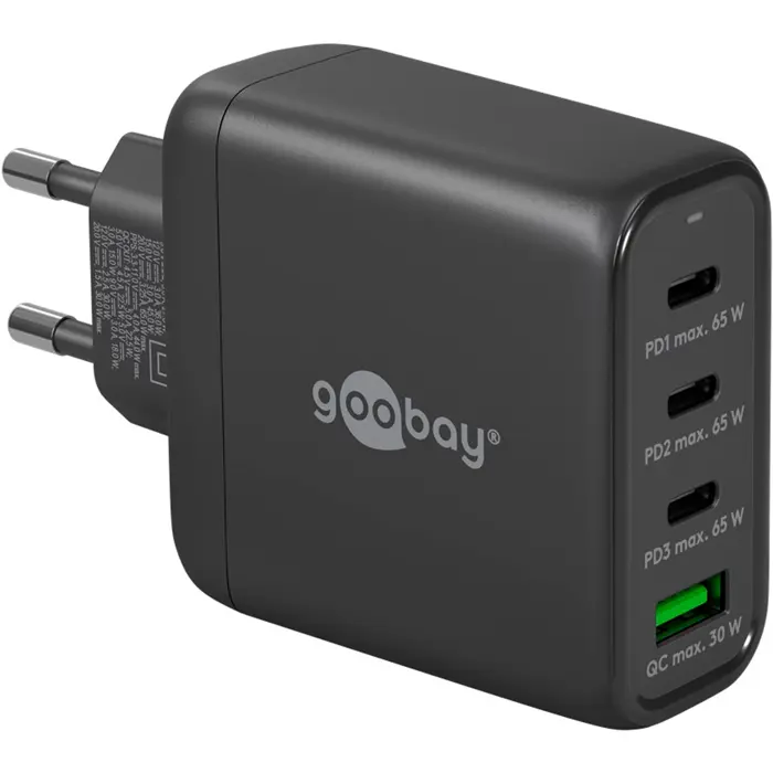 goobay USB-C multiport quick charger, PD, GaN, 68 watts (black, 3x USB-C, 1x USB-A, Power Delivery, QuickCharge)
