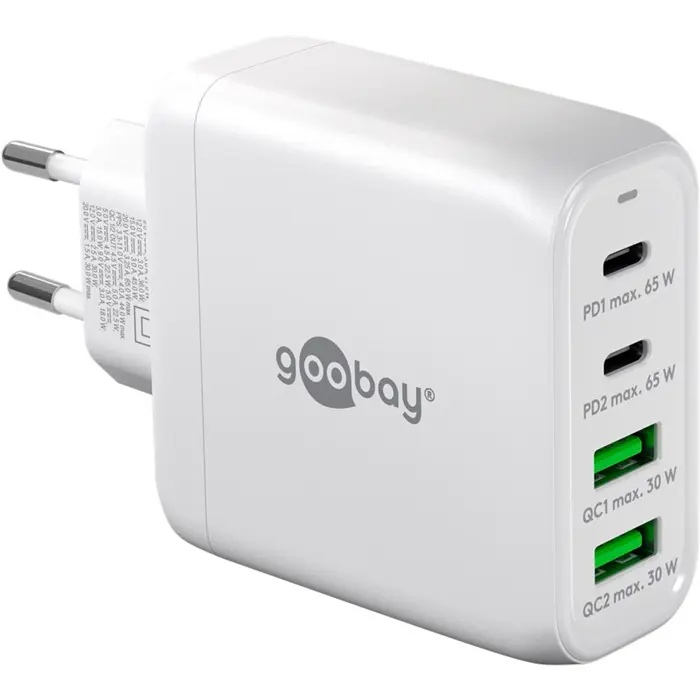 goobay USB-C multiport quick charger, PD, GaN, 68 watts (white, 2x USB-C, 2x USB-A, Power Delivery, QuickCharge)