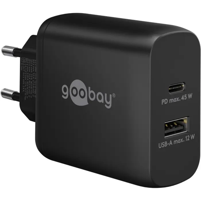 goobay USB-C PD dual fast charger 45 watts (black, 1x USB-A, 1x USB-C PD, GaN technology)