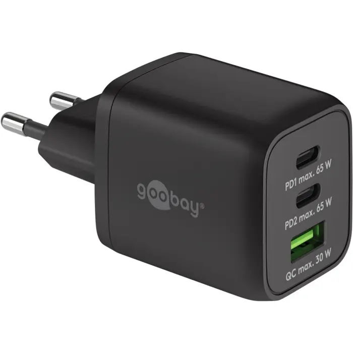 goobay USB-C PD multiport fast charger Nano 65 Watt (black, 1x USB-A, 2x USB-C PD, GaN technology)