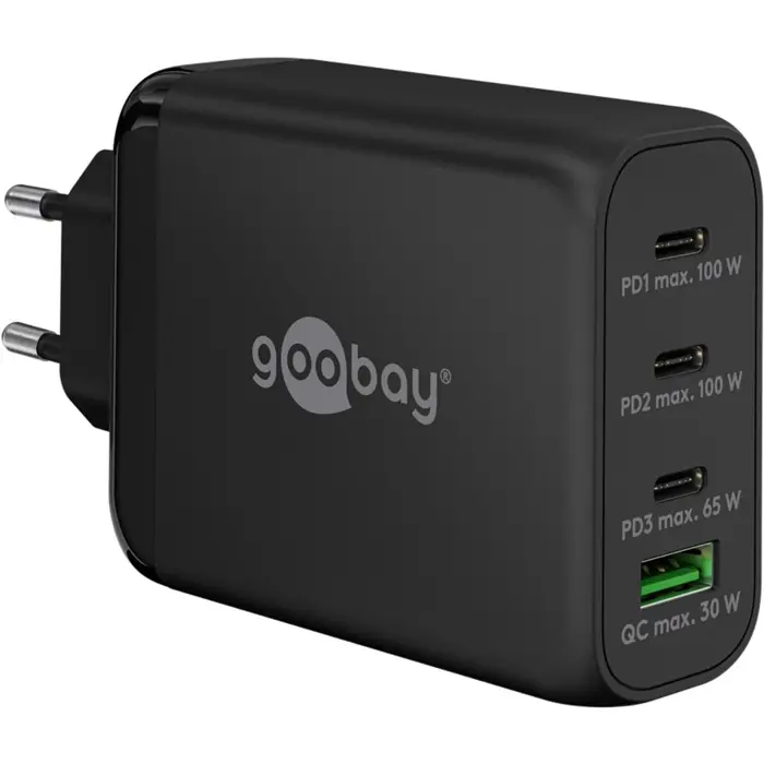 goobay USB-C PD multiport quick charger 100 watts (black, 1x USB-A QC, 3x USB-C PD, GaN technology)