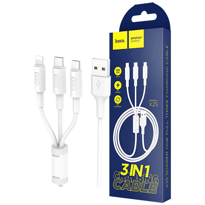 hoco. USB kabel, 3in1, microUSB, USB type C, Lightning, 1 met, 2 A - X25 Soarer 3in1, White