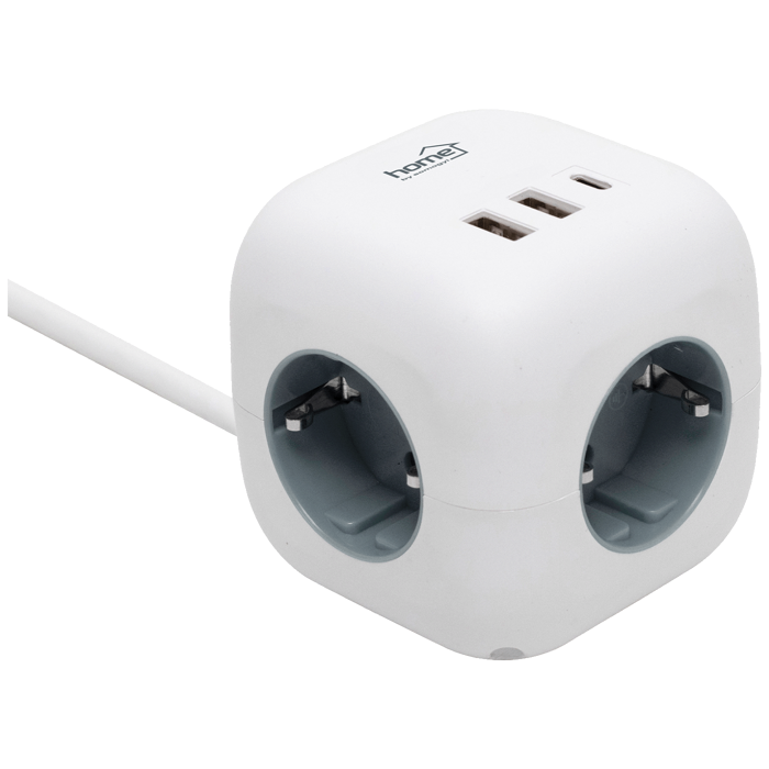 home Produžni kabl, 3 utičnice, 2 x USB A, 1 x USB C, 1.5 met. - CUBE2