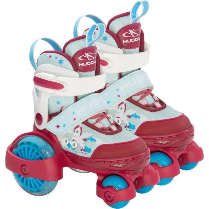 HUDORA My First Quad LED roller skates, size 30-33, red/light blue, with LED lighting