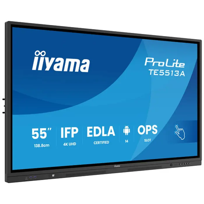 IIYAMA 55" TE5513A-B1AG UDH (3840x2160) IPS, 450 cd 8ms 40, 10pt writing 200Hz Scan rate, iiWare 21E (Android 14 OS) featuring Google EDLA, iiControl (DMS), WhiteBoard, web browser 