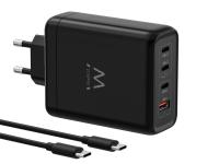 Stenski polnilec Ewent EW1337, GaN, 140W, 3x USB-C, 1x USB-A, QC 5.0, black- EW1337
