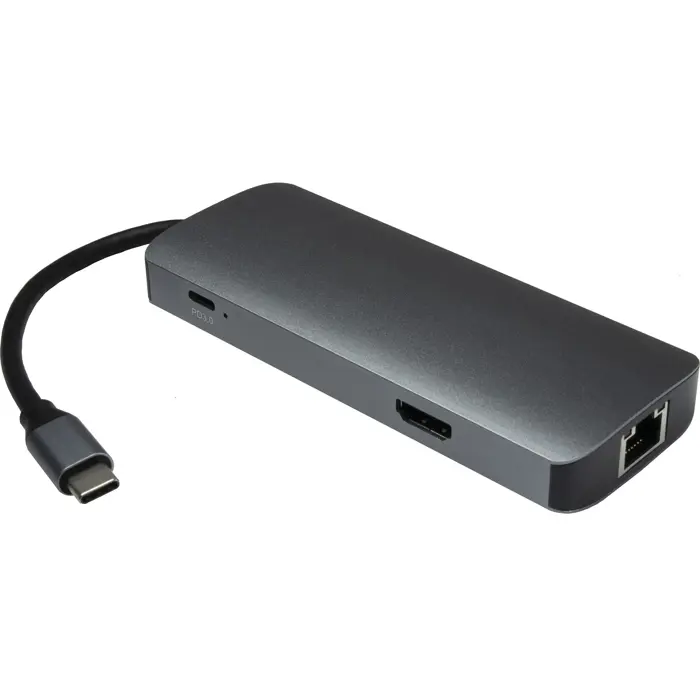 Inter-Tech Argus H-428 7in1 adapter dark silver, USB-A, USB-C, HDMI, RJ-45