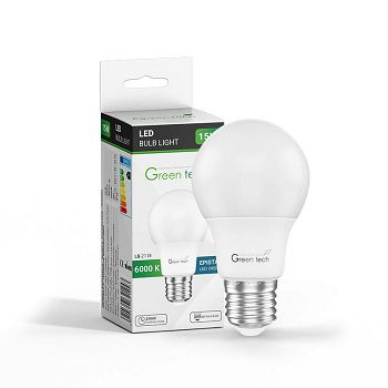 LED žarulja Green Tech 15W, 6000K, E27, A60, Flux: 1500 lm, IP40, Epistar chip