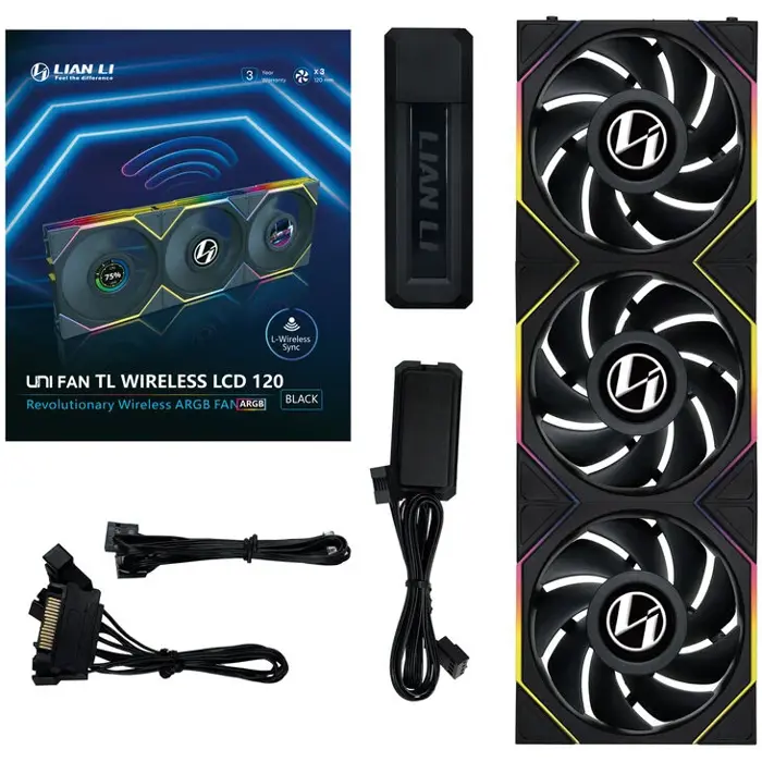 Lian Li UNI FAN TL Wireless LCD Lüfter, ARGB, PWM, 3er-Pack inkl. Controller - 120 mm, schwarz-12TLLCD1W3B