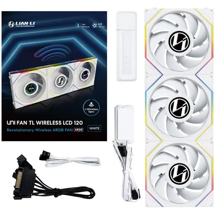 Lian Li UNI FAN TL Wireless LCD Lüfter, ARGB, PWM, 3er-Pack inkl. Controller - 120 mm, weiß-12TLLCD1W3W