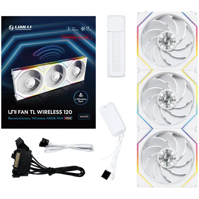 Lian Li UNI FAN TL Wireless Lüfter, ARGB, PWM, 3er-Pack - Reverse Blade, 120mm, weiß-12RTL1W3W