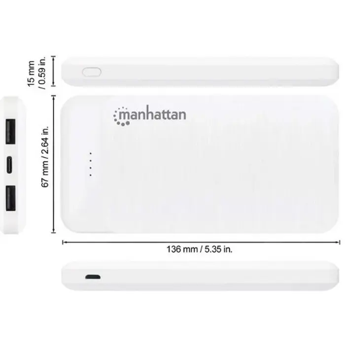 Manhattan powerbank 10000mAh,USB-C,microUSB-A,bije