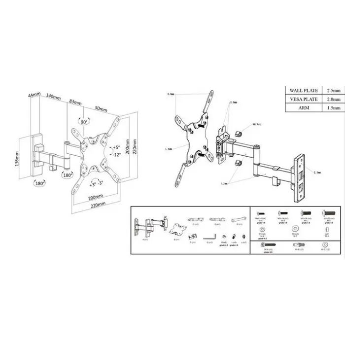 Manhattan TV nosač zidni 13"-43" do 20kg, crni