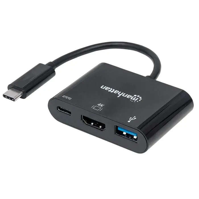 Manhattan USB-C Dock/Hub, Ports (x3): HDMI, USB-A and USB-C, 5 Gbps (USB 3.2 Gen1 aka USB 3.0), With Power Delivery (60W) to USB-C Port (Note additional USB-C wall charger and USB-C cable needed), Equ