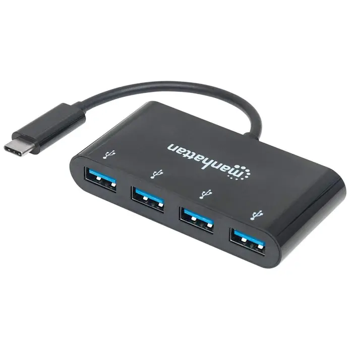 Manhattan USB-C Dock/Hub, Ports (x4): USB-A (x4), 5 Gbps (USB 3.2 Gen1 aka USB 3.0), External Power Supply Not Needed, Equivalent to HB30C4AB, Cable 20cm, SuperSpeed USB, Black, Three Year Warranty, B