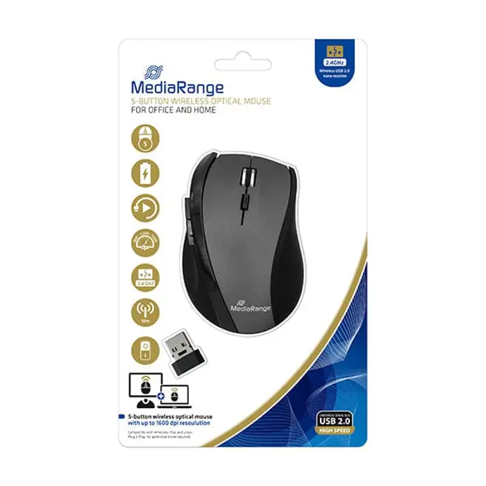 MediaRange MIŠ BEŽIČNI S 5 TIPKI, OPTIČKI, CRNO/SIVO, MROS203