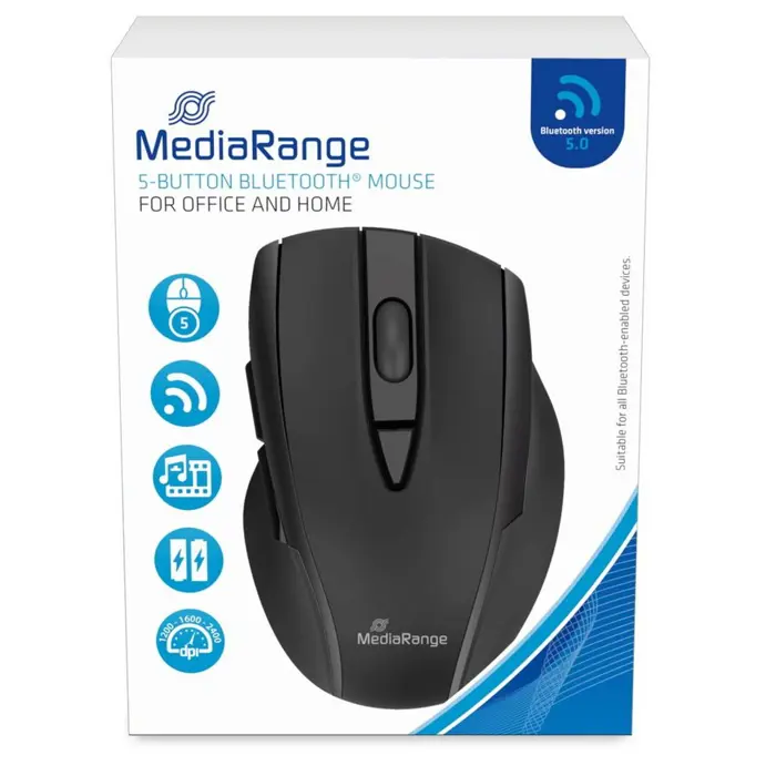MediaRange Miš Bluetooth optički s 5 tipki, tihi, crni, MROS217