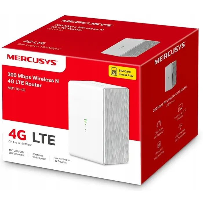 Mercusys bežični N 4G LTE usmjerivač (Router) 300Mbps (2.4GHz), 802.11b/g/n, interni 4G modem, 1×LAN/1×WAN, utor za SIM karticu