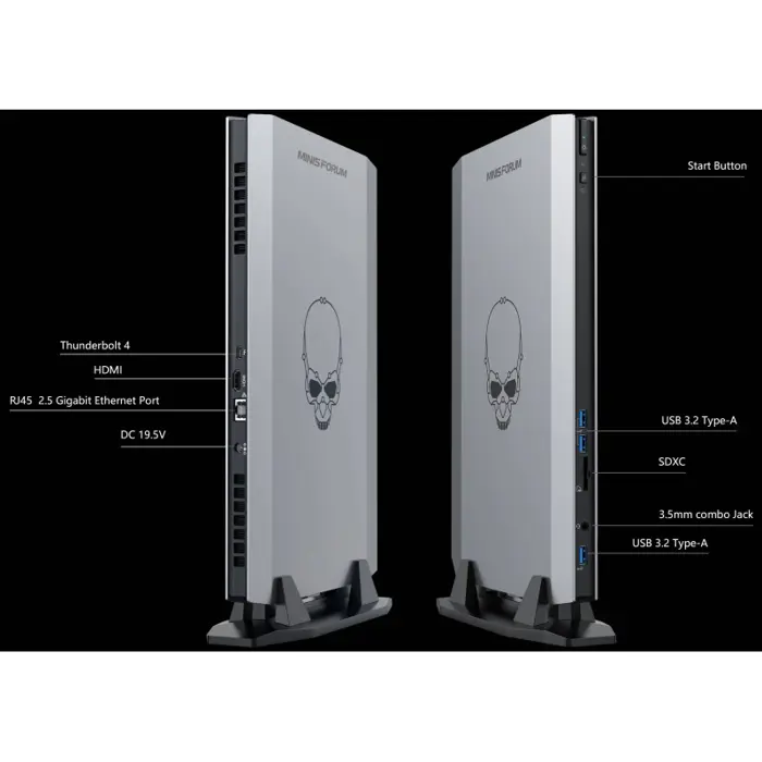 Minisforum NUCXI5, Intel i5-11400H, 2×SO-DIMM DDR4 (do 64GB), 2×M.2 PCIe SSD, NVIDIA RTX 3060 6GB, HDMI/TB4, 2.5G-bit RJ45, barebone