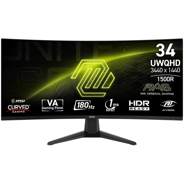 MSI MAG 346CQ, 34", UWQHD, VA, 1500R Curved, 180Hz, AMD FreeSync Premium, HDR Ready, 2x HDMI 2.0b, 1x DP 1.4a