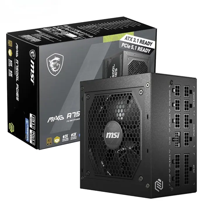 MSI PSU MAG A750GL PCIE5 II, 750W 80Plus Gold, 120mm Fan Active PFC, Fully Modular, 12VHPWR, ATX 3.1, PCIe 5.1, OVP, OCP, OTP, OPP, SCP, UVP, 100-240Vac, 47Hz-63Hz Input Frequency, ATX, 7Y, Black