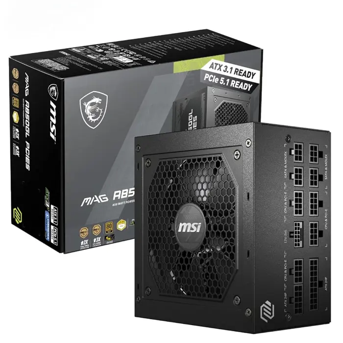 MSI PSU MAG A850GL PCIE5 II, 850W 80Plus Gold, 120mm Fan Active PFC, Fully Modular, 12VHPWR, ATX 3.1, PCIe 5.1, OVP, OCP, OTP, OPP, SCP, UVP, 100-240Vac, 47Hz-63Hz Input Frequency, ATX, 7Y, Black