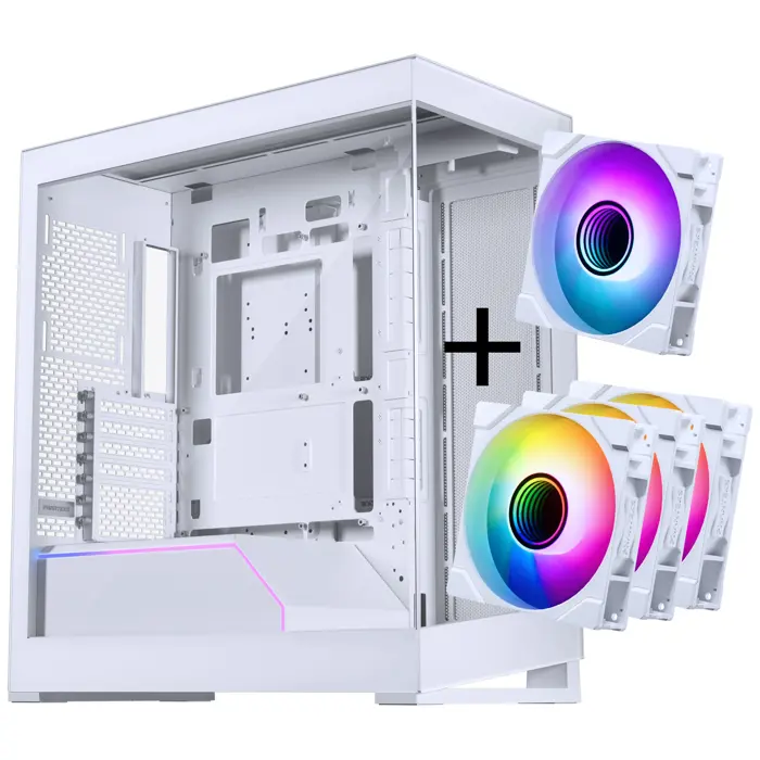 PHANTEKS NV-Serie NV5 MK2 ATX-Gehäuse, Tempered Glass, DRGB - Matte White + 3er Pack M25 Gen2 PWM D-RGB Lüfter Reverse Blade + 1x Normal Fan - 120mm-GABU-515