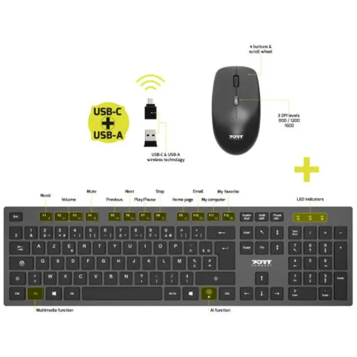Port bežična tipkovnica i miš,USB-A/C,SMART Azerty