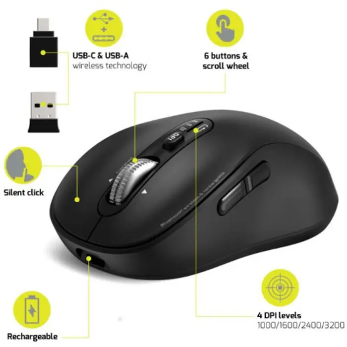 Port miš EXPERT WL+BT, punjivi USB-C, crni