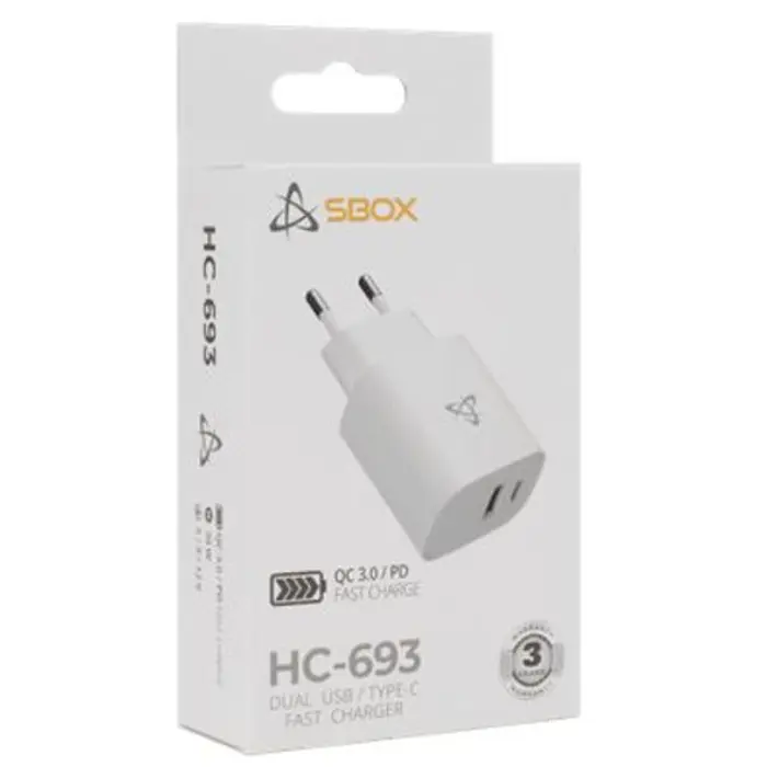 SBOX kućni punjač USB A/TYPE-C, 20W, QC, bijeli