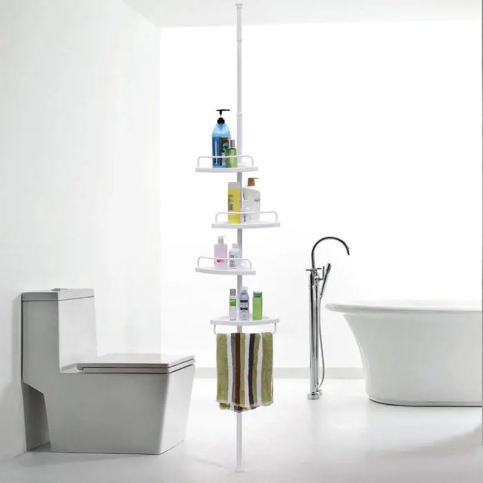 SONGMICS Corner telescopic stand with shelves for bathrooms, white, 85-305 cm