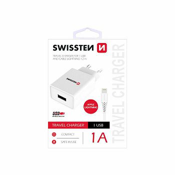 SWISSTEN punjač za AC220, 1xUSB, 1A, bijeli + LIGHTNING kabel